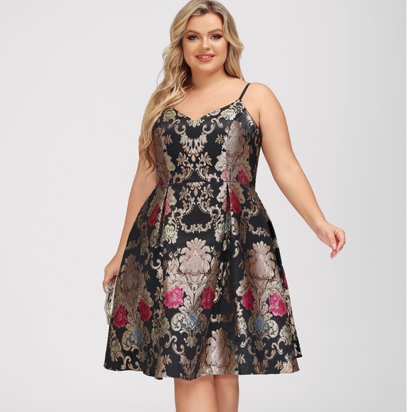 JJs House Black Floral Brocade Midi Dress with Gold and Pink Accents - Picture 3 of 6